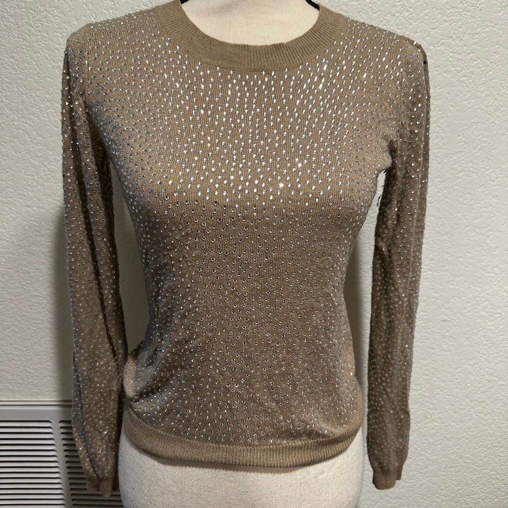 Alice and Olivia rhinestone crystal tan color sweater size XS